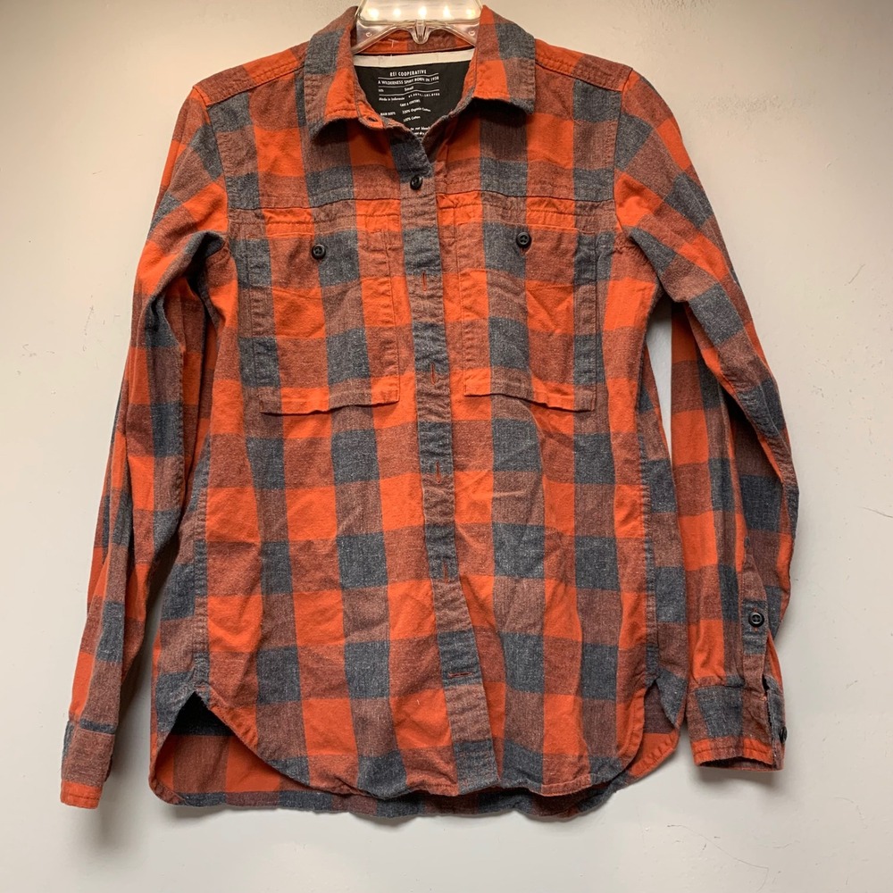 REI Co-op Flannel Shirt Womens Small Orange Grey Excellent Organic Cotton Plaid